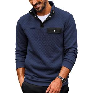 COOFANDY Quilted Sweatshirts for Men Quarter Button Pullover Sweatshirt Stand Collar Outdoor Polo with Pockets(Navy Blue)