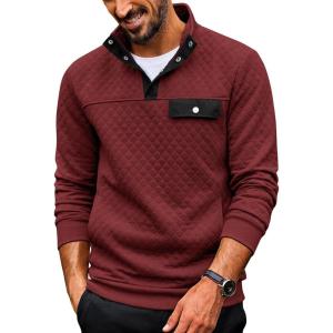 COOFANDY Quilted Sweatshirts for Men Quarter Button Pullover Sweatshirt Stand Collar Outdoor Polo with Pockets(Red)