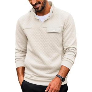 COOFANDY Quilted Sweatshirts for Men Quarter Button Pullover Sweatshirt Stand Collar Outdoor Polo with Pockets(White)