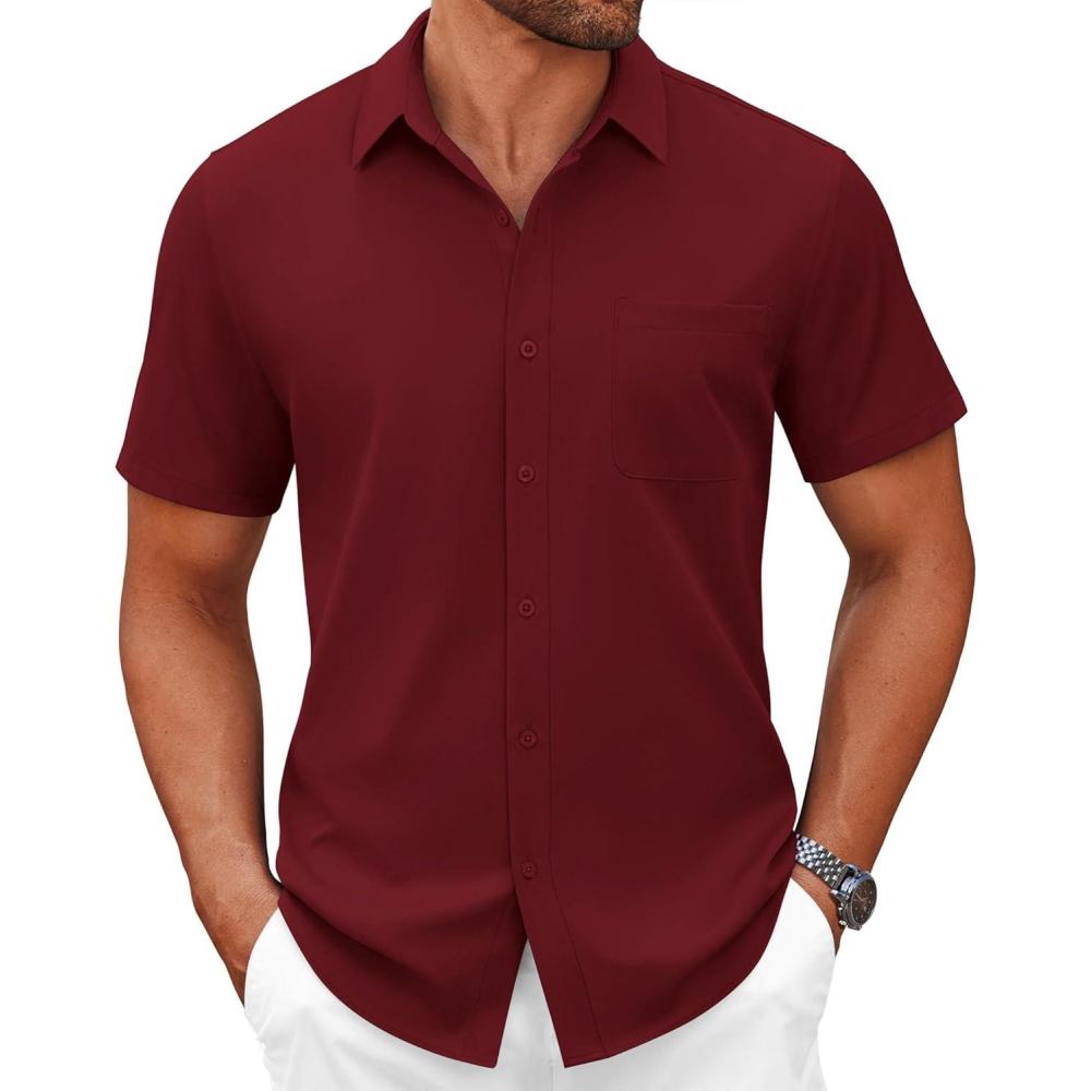 imageCOOFANDY Mens Short Sleeve Button Down Shirts Casual Dress Shirts for Men Summer Untucked Shirts with PocketWine Red