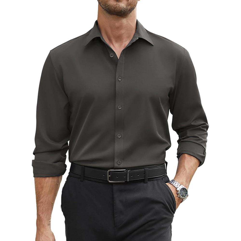 imageCOOFANDY Mens Stretch Dress Shirts Long Sleeve Button Down Shirt Regular Fit Formal Business Wedding ShirtsDark Grey