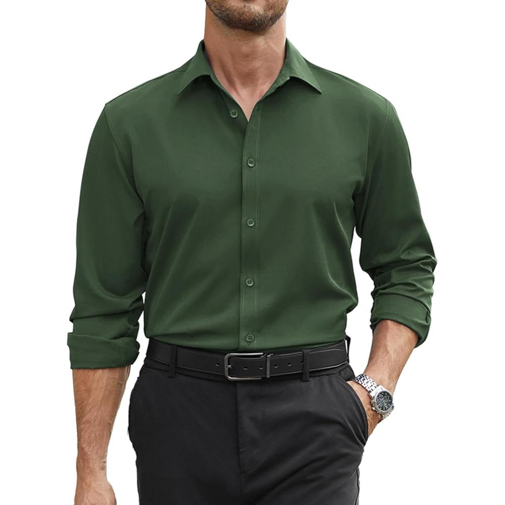 imageCOOFANDY Mens Stretch Dress Shirts Long Sleeve Button Down Shirt Regular Fit Formal Business Wedding ShirtsDeep Green