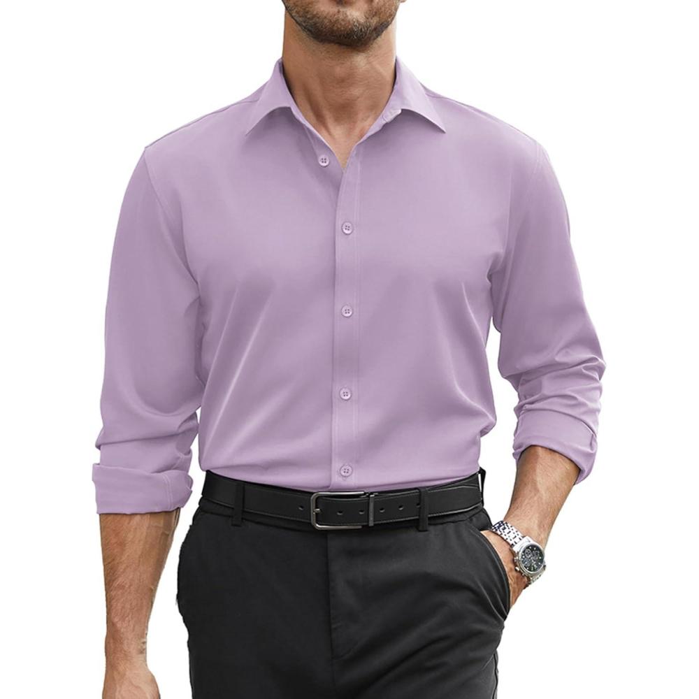 imageCOOFANDY Mens Stretch Dress Shirts Long Sleeve Button Down Shirt Regular Fit Formal Business Wedding ShirtsLavender