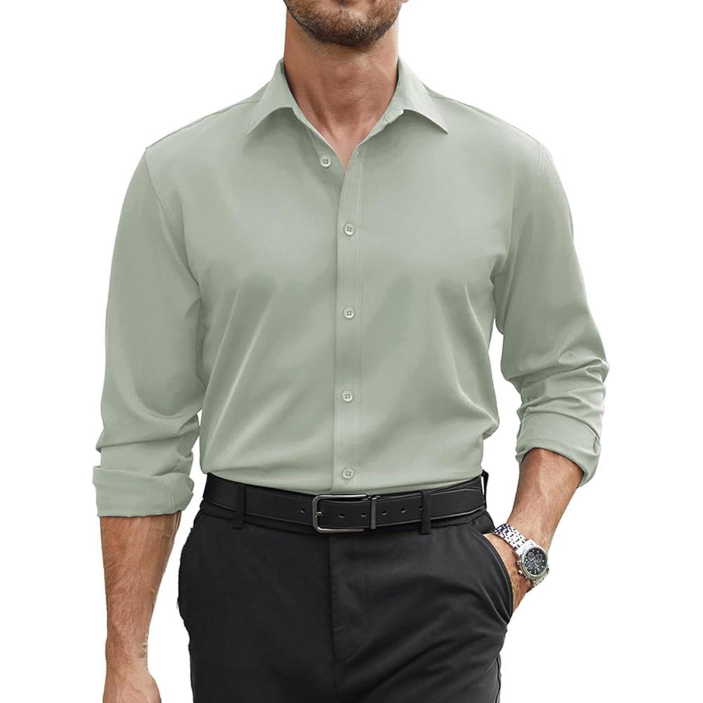 imageCOOFANDY Mens Stretch Dress Shirts Long Sleeve Button Down Shirt Regular Fit Formal Business Wedding ShirtsLight Green