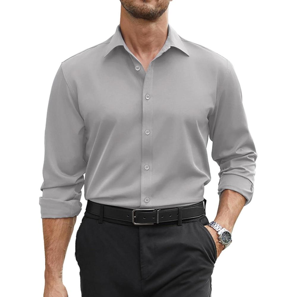 imageCOOFANDY Mens Stretch Dress Shirts Long Sleeve Button Down Shirt Regular Fit Formal Business Wedding ShirtsLight Grey