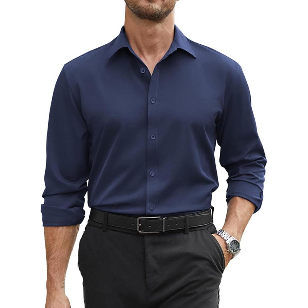 imageCOOFANDY Mens Stretch Dress Shirts Long Sleeve Button Down Shirt Regular Fit Formal Business Wedding ShirtsMidnight Blue