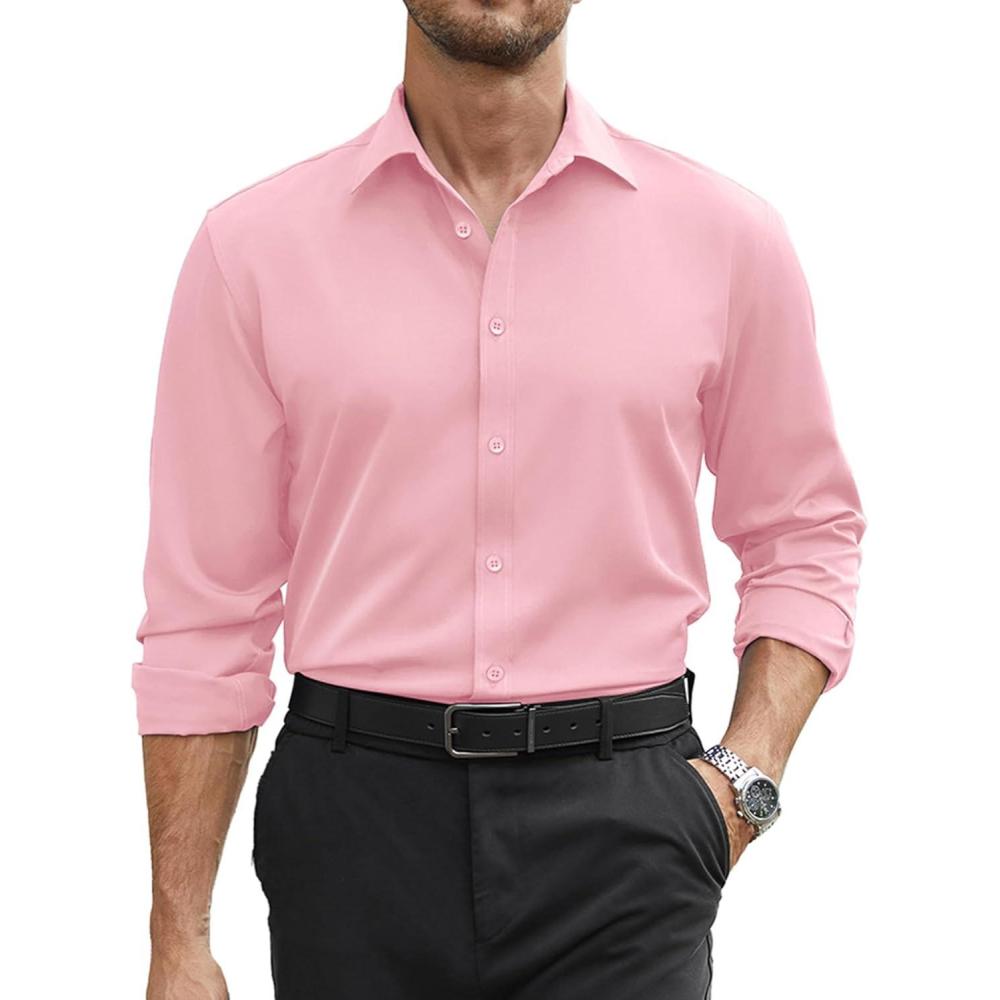 imageCOOFANDY Mens Stretch Dress Shirts Long Sleeve Button Down Shirt Regular Fit Formal Business Wedding ShirtsPink