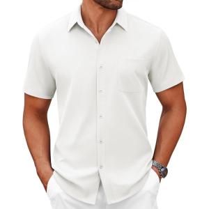 COOFANDY Mens Short Sleeve Button Down Shirts Casual Dress Shirts for Men Summer Untucked Shirts with Pocket(White)