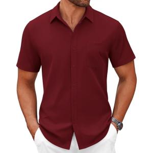 COOFANDY Mens Short Sleeve Button Down Shirts Casual Dress Shirts for Men Summer Untucked Shirts with Pocket(Wine Red)
