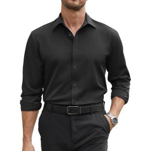 COOFANDY Mens Stretch Dress Shirts Long Sleeve Button Down Shirt Regular Fit Formal Business Wedding Shirts(A Black)