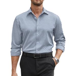 COOFANDY Mens Stretch Dress Shirts Long Sleeve Button Down Shirt Regular Fit Formal Business Wedding Shirts(Blue Pattern)