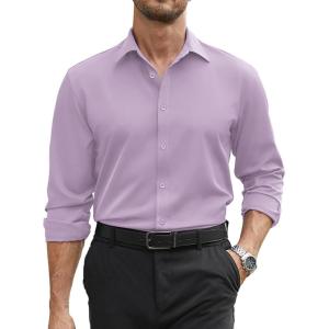COOFANDY Mens Stretch Dress Shirts Long Sleeve Button Down Shirt Regular Fit Formal Business Wedding Shirts(Lavender)