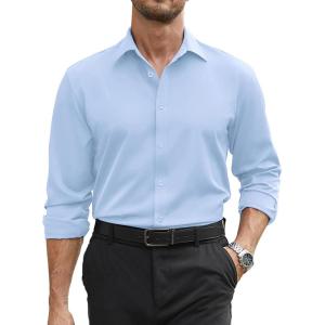 COOFANDY Mens Stretch Dress Shirts Long Sleeve Button Down Shirt Regular Fit Formal Business Wedding Shirts(Light Blue)