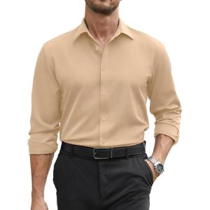 COOFANDY Mens Stretch Dress Shirts Long Sleeve Button Down Shirt Regular Fit Formal Business Wedding Shirts(Light Khaki)