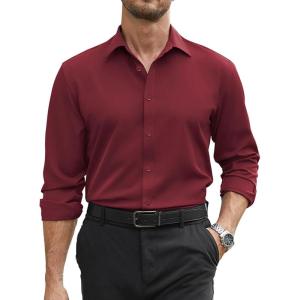COOFANDY Mens Stretch Dress Shirts Long Sleeve Button Down Shirt Regular Fit Formal Business Wedding Shirts(Maroon)