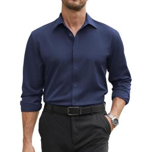 COOFANDY Mens Stretch Dress Shirts Long Sleeve Button Down Shirt Regular Fit Formal Business Wedding Shirts(Midnight Blue)