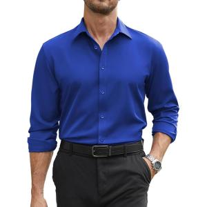 COOFANDY Mens Stretch Dress Shirts Long Sleeve Button Down Shirt Regular Fit Formal Business Wedding Shirts(Royal Azure Blue)