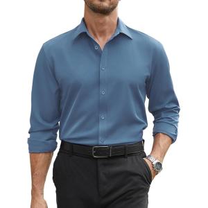 COOFANDY Mens Stretch Dress Shirts Long Sleeve Button Down Shirt Regular Fit Formal Business Wedding Shirts(Steel Blue)