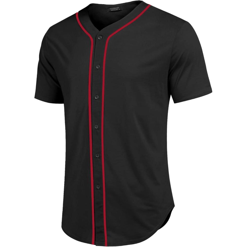 imageCOOFANDY Mens Baseball Button Down Jersey Short Sleeve Hipster Hip Hop T ShirtsBlackred Stripe