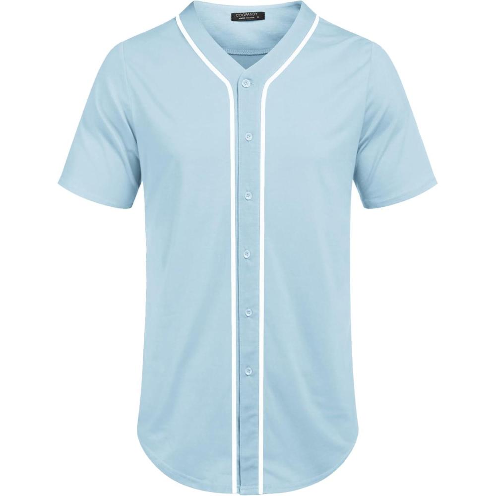 imageCOOFANDY Mens Baseball Button Down Jersey Short Sleeve Hipster Hip Hop T ShirtsLight Blue