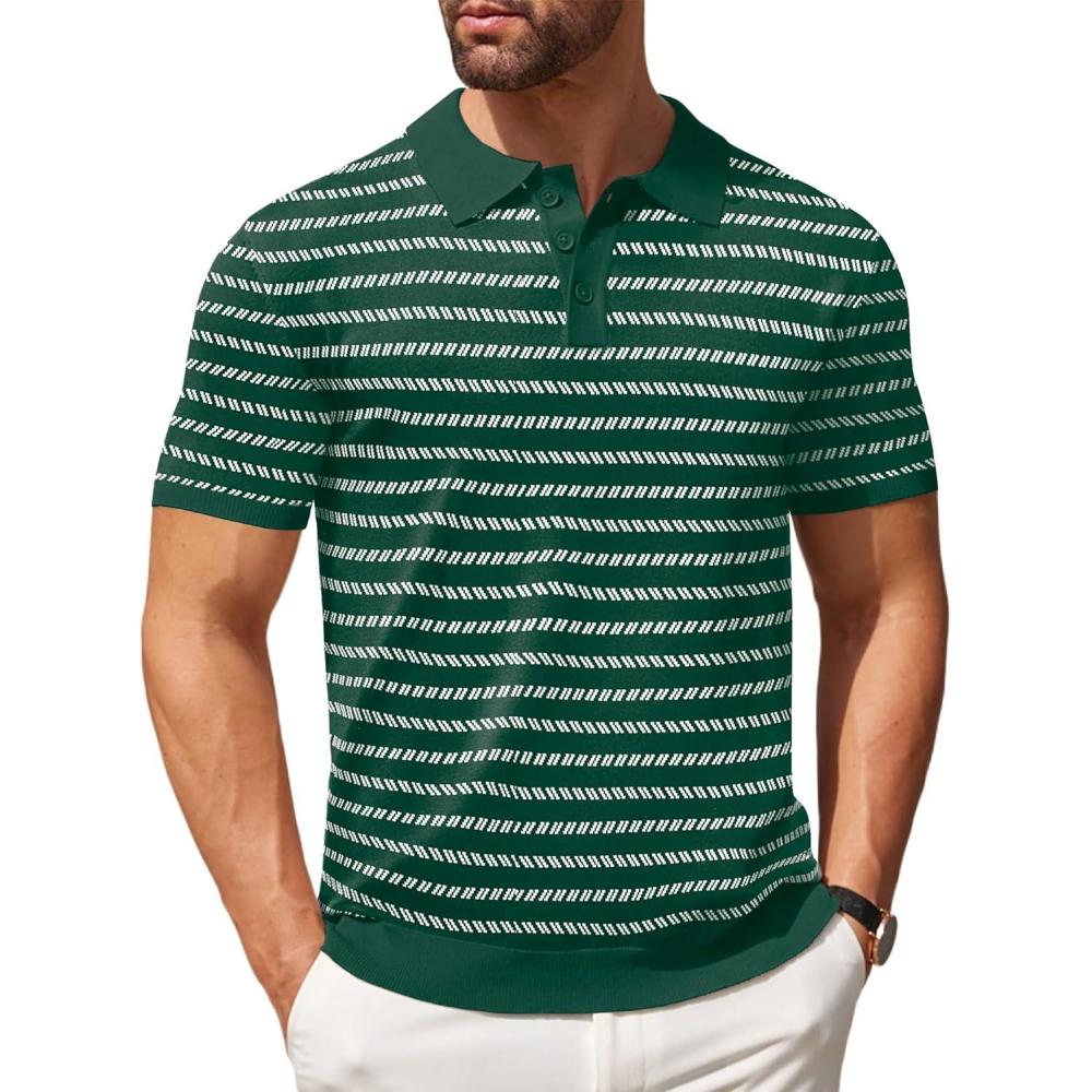 imageCOOFANDY Mens Knit Polo Shirts Casual Short Sleeve Button Down Polo Shirt Classic Golf ShirtsFdark Green Striped