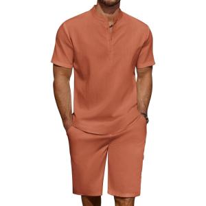 COOFANDY Men’s 2 Pieces Linen Set Casual Henley Shirts Short Sleeve Beach Yoga Shorts Summer Pants Outfits(Caramel)