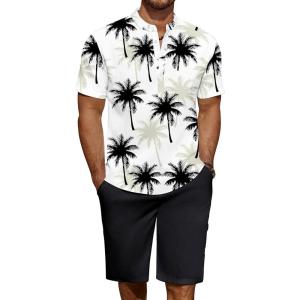 COOFANDY Men’s 2 Pieces Linen Set Casual Henley Shirts Short Sleeve Beach Yoga Shorts Summer Pants Outfits(Coconut Plant Pattern)
