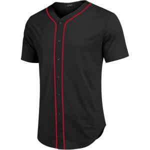 COOFANDY Men’s Baseball Button Down Jersey Short Sleeve Hipster Hip Hop T Shirts(Black-red Stripe)