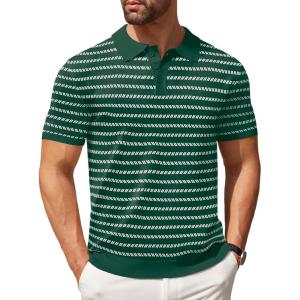 COOFANDY Mens Knit Polo Shirts Casual Short Sleeve Button Down Polo Shirt Classic Golf Shirts(F-dark Green Striped)