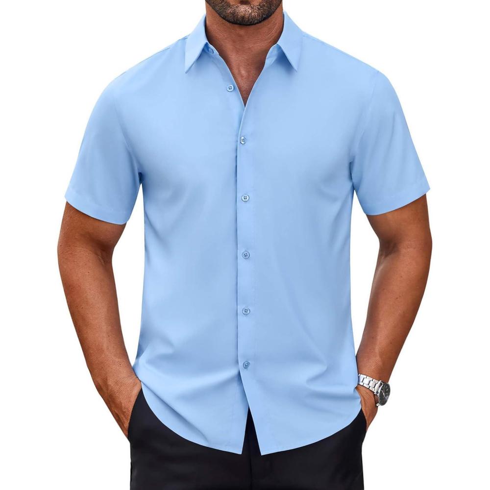 imageCOOFANDY Mens Short Sleeve Dress Shirts Wrinkle Free Casual Button Down Shirts Summer Untucked Dress ShirtLight Blue