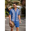 COOFANDY Men’s 2 Piece Outfit Vintage Short Sleeve Button Down Knit Polo Shirts Casual Beach Shorts Sets(Dark Blue)