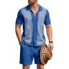 COOFANDY Men’s 2 Piece Outfit Vintage Short Sleeve Button Down Knit Polo Shirts Casual Beach Shorts Sets(Dark Blue)