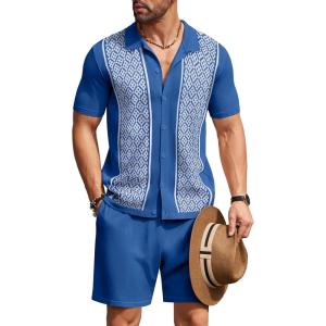 COOFANDY Men’s 2 Piece Outfit Vintage Short Sleeve Button Down Knit Polo Shirts Casual Beach Shorts Sets(Dark Blue)