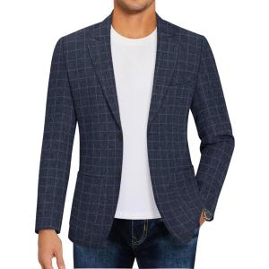 COOFANDY Mens Casual Blazer Slim Fit Sport Coat Lightweight Two Button Suit Jackets(Plaid Blazer- Navy Blue)