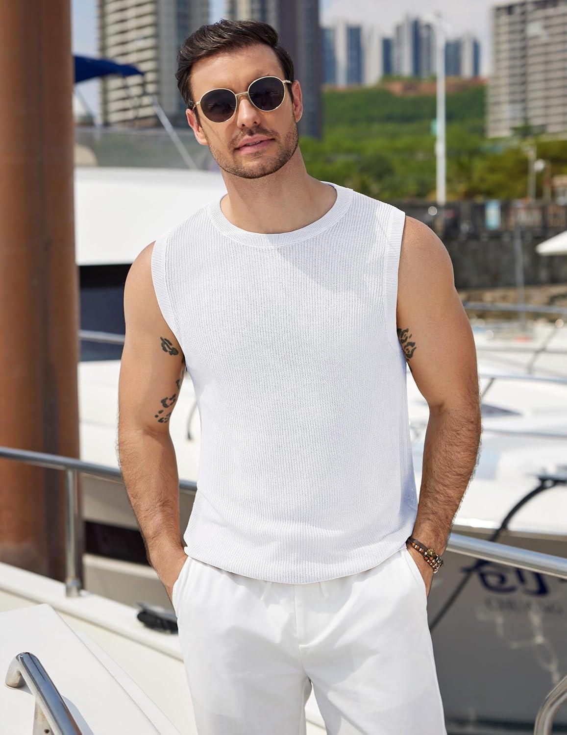 imageCOOFANDY Mens Casual Knitted Tank Tops Crew Neck Sleeveless Muscle T Shirts Summer Beach TopsWhite