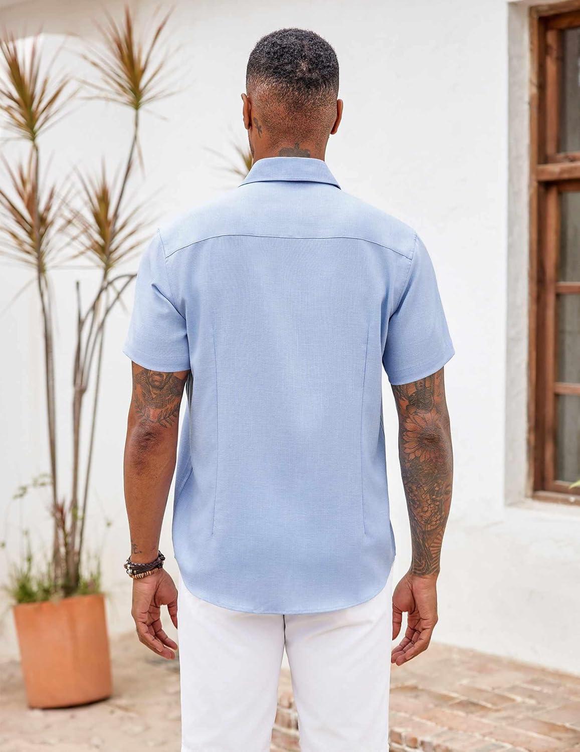 imageCOOFANDY Mens Button Down Shirts Short Sleeve Casual Summer Beach Vacation Wedding Shirt with PocketClear Blue Light Brown Plaid