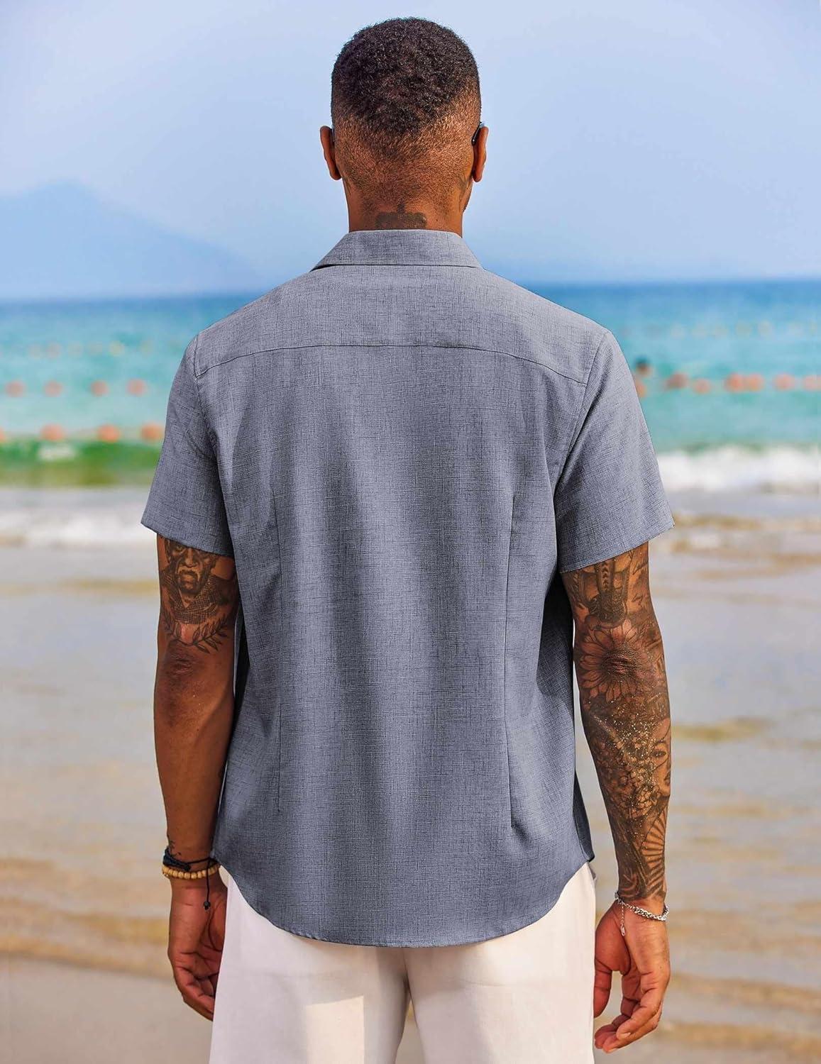 imageCOOFANDY Mens Button Down Shirts Short Sleeve Casual Summer Beach Vacation Wedding Shirt with PocketDark Blue