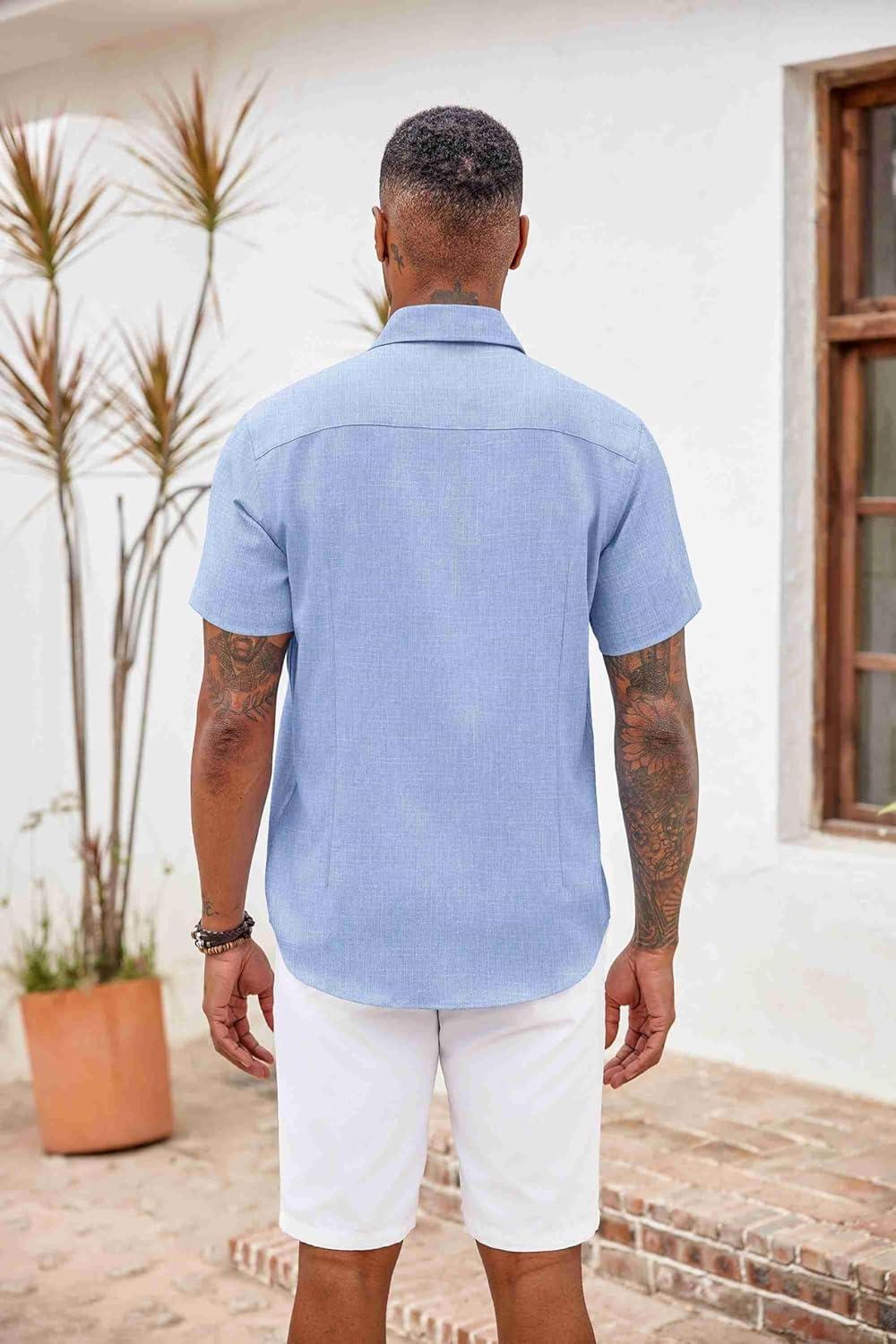 imageCOOFANDY Mens Button Down Shirts Short Sleeve Casual Summer Beach Vacation Wedding Shirt with PocketDenim Blue