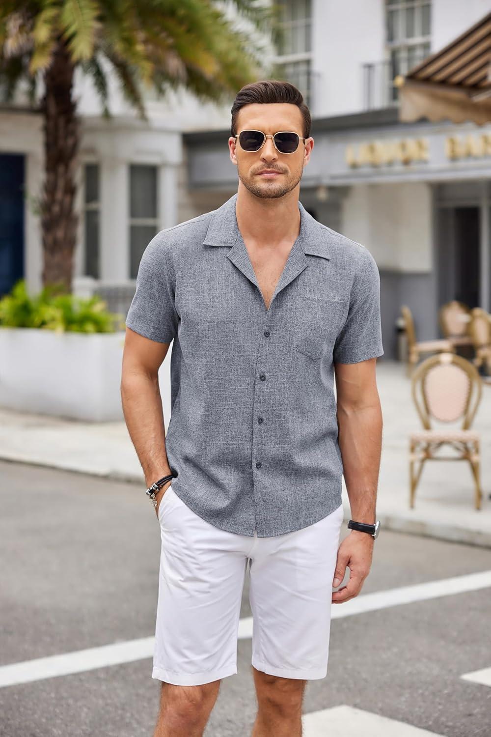 imageCOOFANDY Mens Casual Button Down Shirts Short Sleeve Summer Beach Shirt Cuban Vacation Textured Shirts with PocketGrey Blue