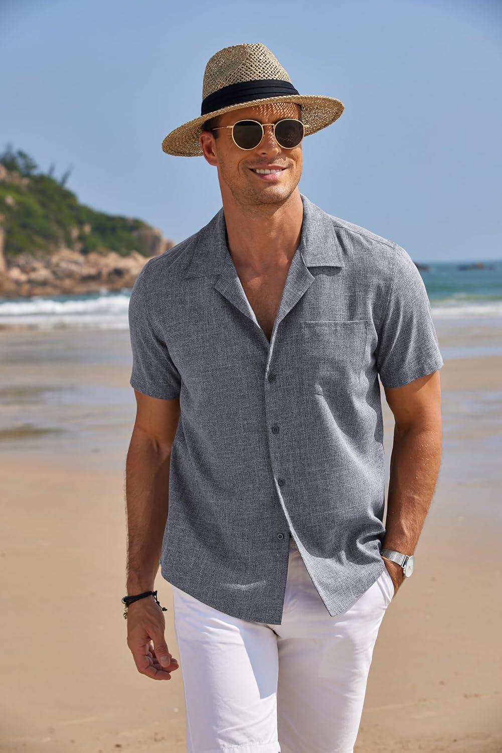 imageCOOFANDY Mens Casual Button Down Shirts Short Sleeve Summer Beach Shirt Cuban Vacation Textured Shirts with PocketGrey Blue