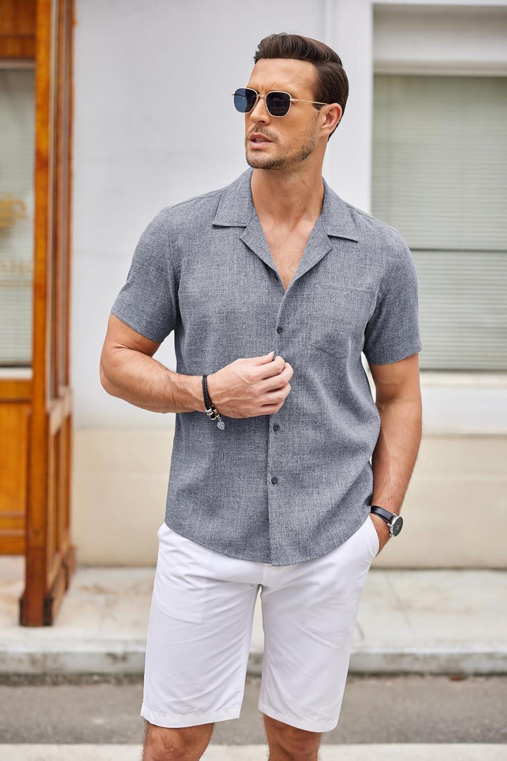 imageCOOFANDY Mens Casual Button Down Shirts Short Sleeve Summer Beach Shirt Cuban Vacation Textured Shirts with PocketGrey Blue