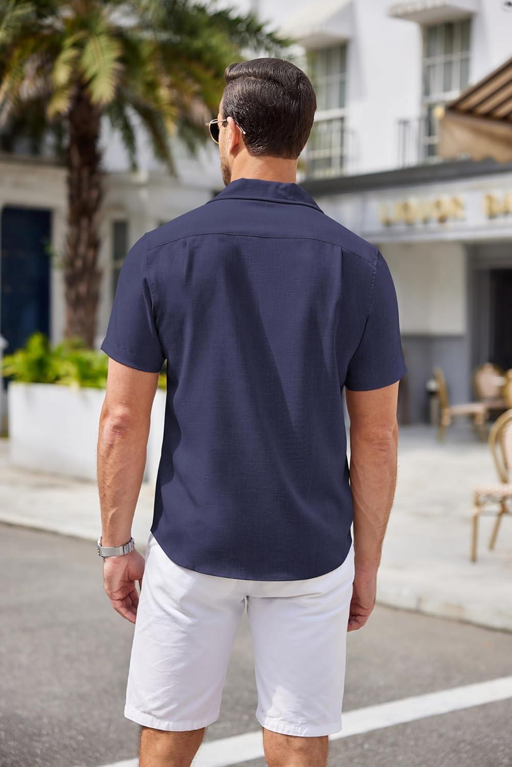 imageCOOFANDY Mens Casual Button Down Shirts Short Sleeve Summer Beach Shirt Cuban Vacation Textured Shirts with PocketNavy