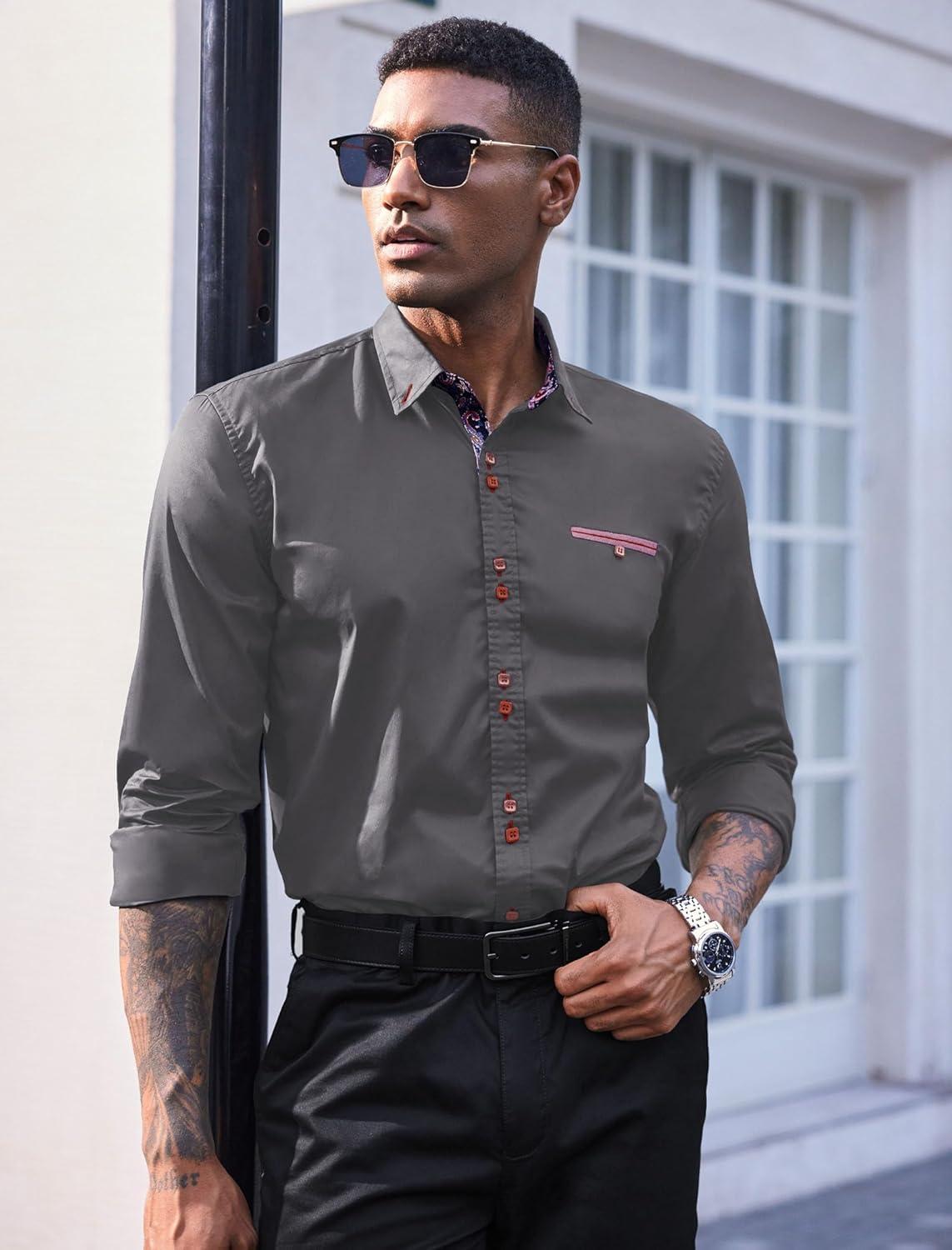imageCOOFANDY Mens Dress Shirt Long Sleeve Casual Button Down Paisley Shirts Party Wedding Dress ShirtGrey