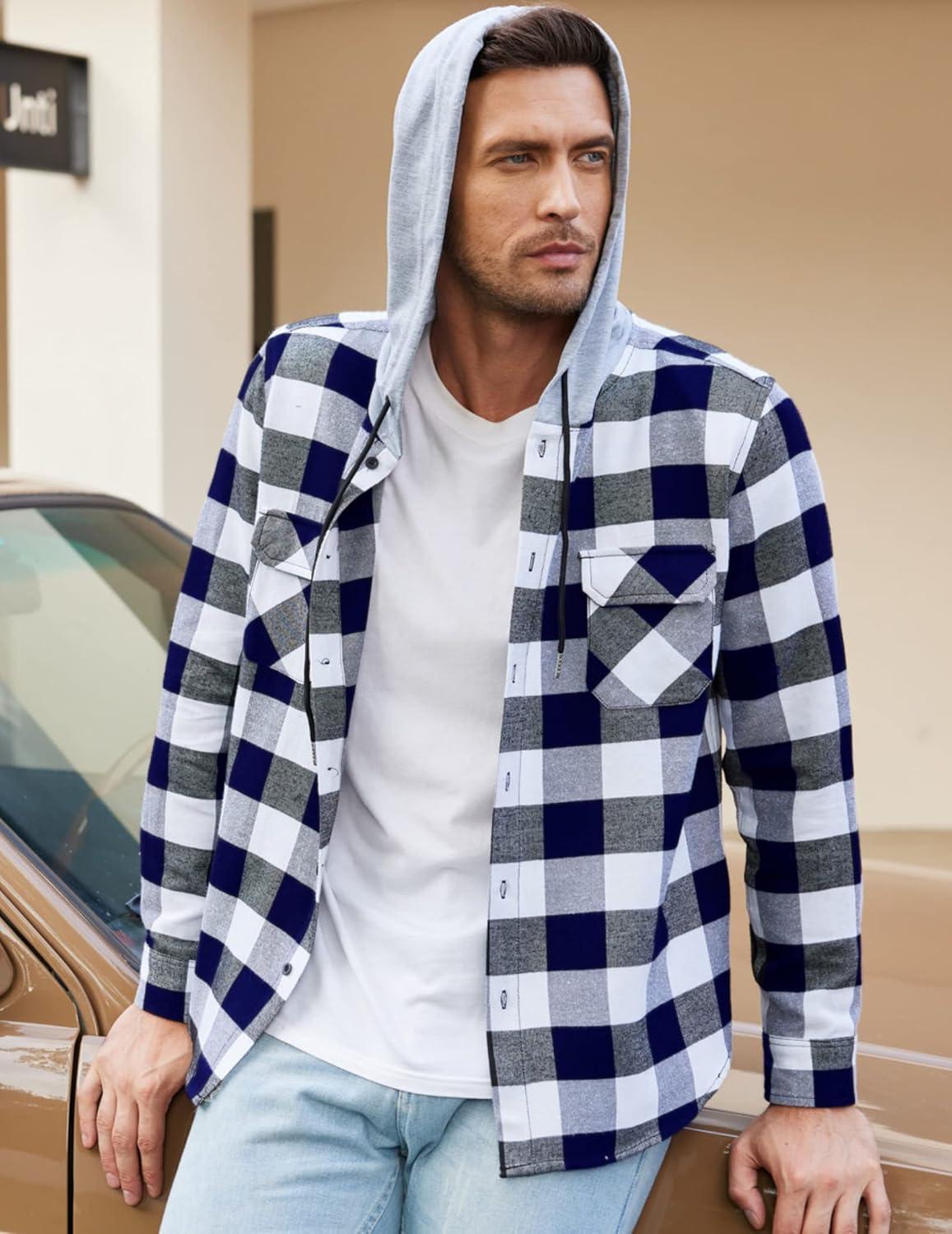 imageCOOFANDY Mens Plaid Hoodie Flannel Shirt Jacket Long Sleeve Casual Fashion Button ShirtsNavy Blue