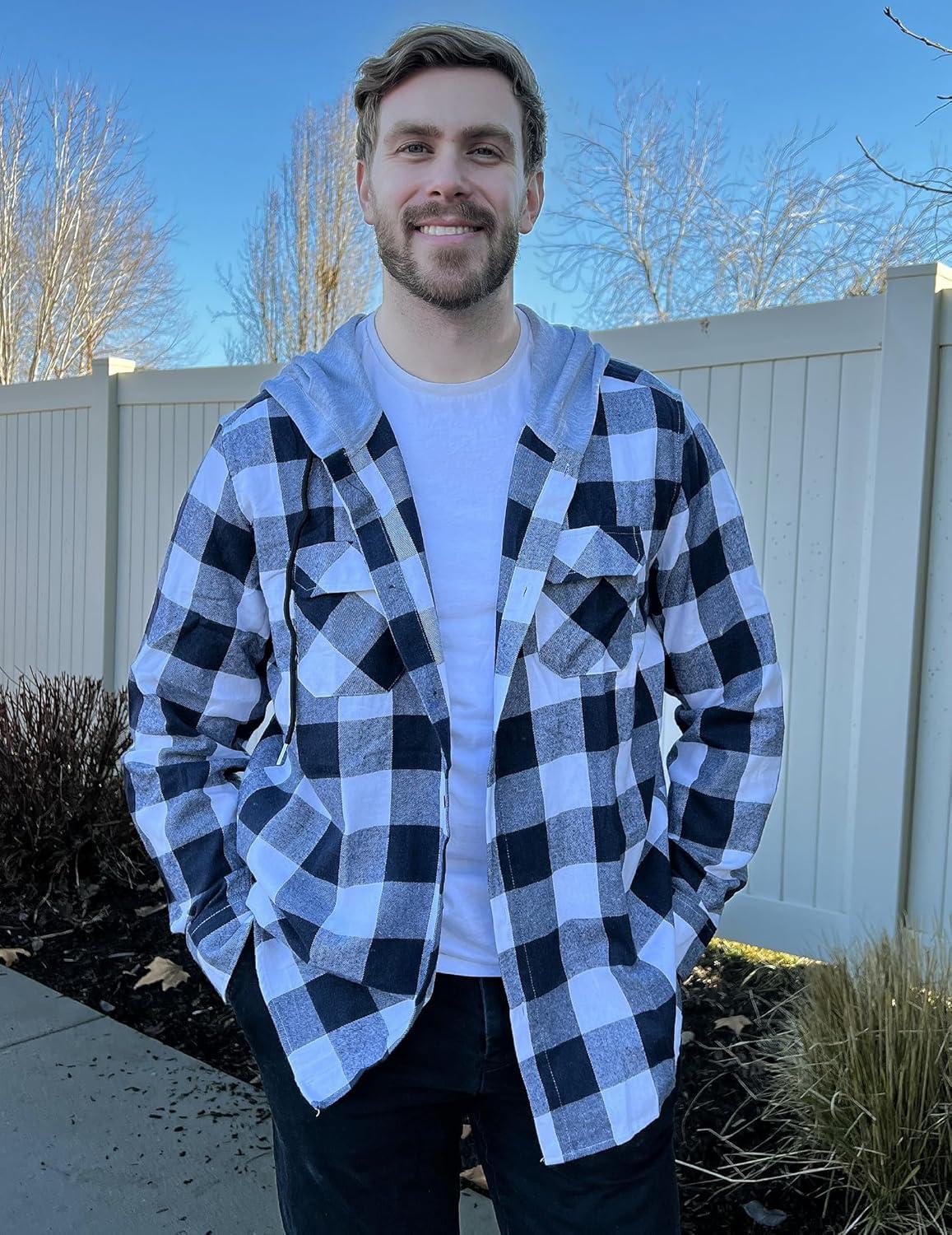 imageCOOFANDY Mens Plaid Hoodie Flannel Shirt Jacket Long Sleeve Casual Fashion Button ShirtsNavy Blue