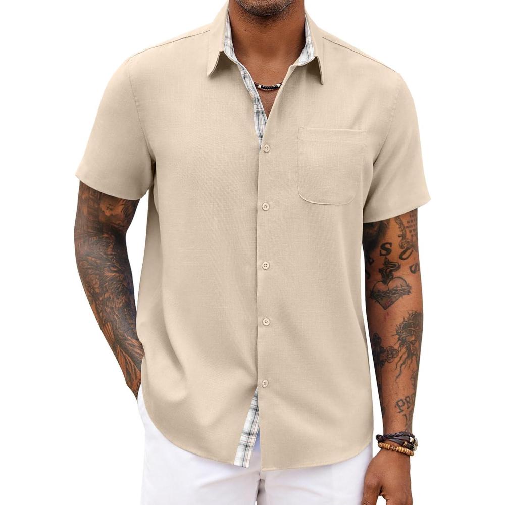 imageCOOFANDY Mens Button Down Shirts Short Sleeve Casual Summer Beach Vacation Wedding Shirt with PocketLight Khaki