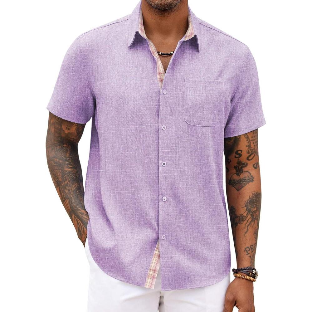 imageCOOFANDY Mens Button Down Shirts Short Sleeve Casual Summer Beach Vacation Wedding Shirt with PocketLight Purple