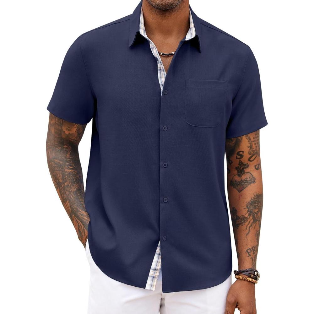 imageCOOFANDY Mens Button Down Shirts Short Sleeve Casual Summer Beach Vacation Wedding Shirt with PocketNavy Blue