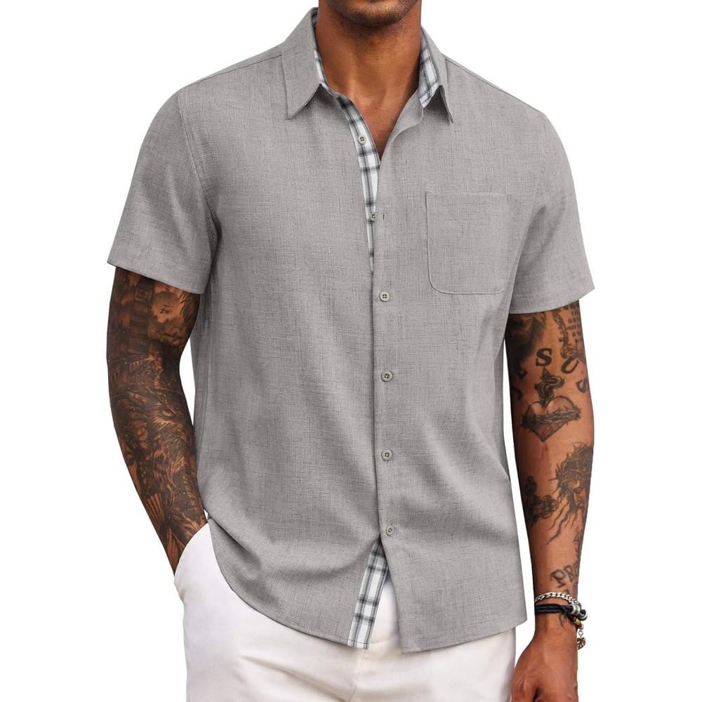 imageCOOFANDY Mens Button Down Shirts Short Sleeve Casual Summer Beach Vacation Wedding Shirt with PocketPale Grey