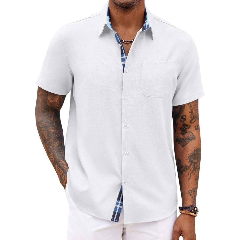 imageCOOFANDY Mens Button Down Shirts Short Sleeve Casual Summer Beach Vacation Wedding Shirt with PocketWhite  Blue Plaid